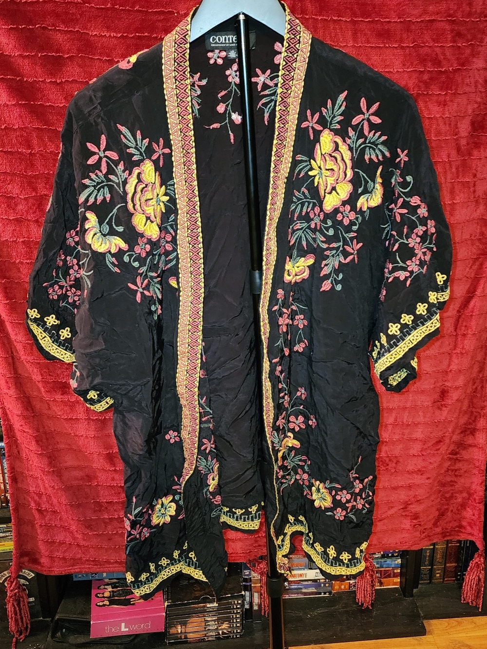 Context Black Embroidered Floral Kimono Cape with Yellow & Pink Accents